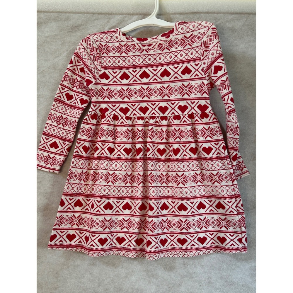 Old Navy Girls 4T Red White Fair Isle Heart Waffle Knit Thermal Dress LongSleeve